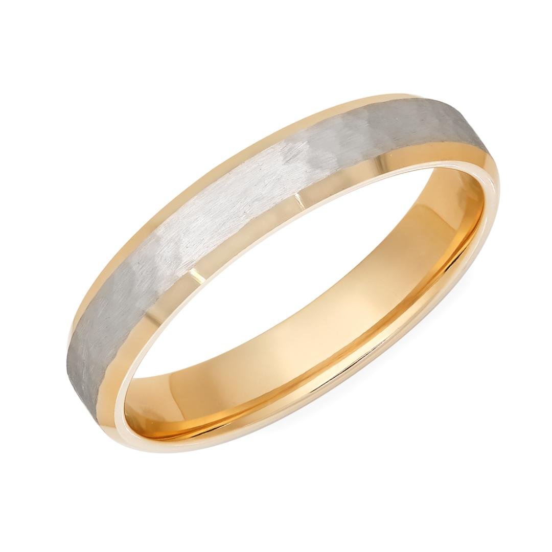18K yellow gold and platinum wedding band with hammered finish, comfort fitted, 4mm wide, made in New York, USA.