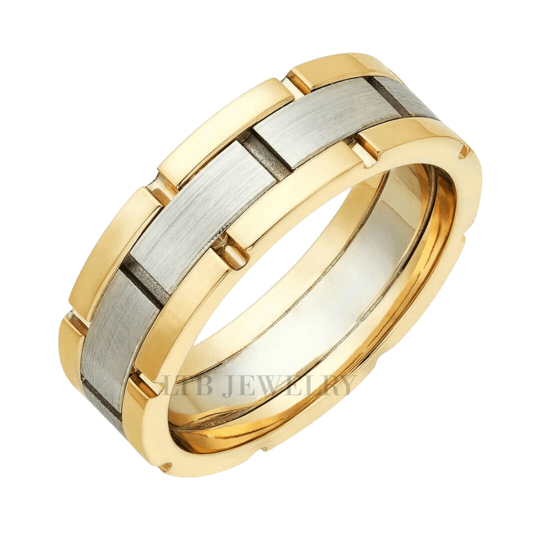Handmade 18K yellow gold and platinum men's wedding band, 7mm wide, featuring satin and shiny finishes.