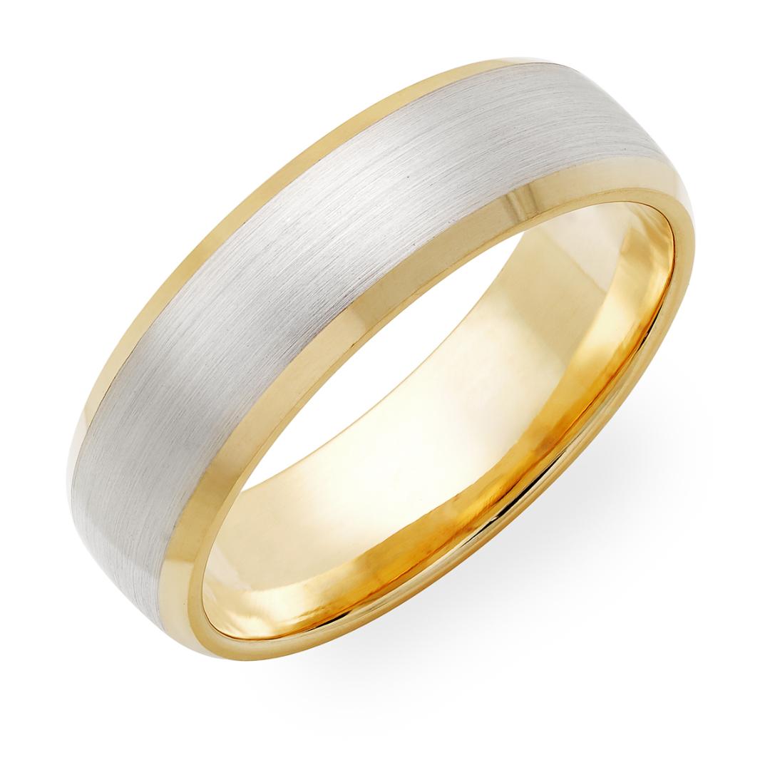 18K solid yellow gold and platinum men's wedding ring with a beveled edge, satin finish, and comfort fit design.