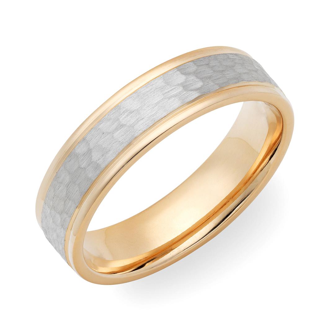18K yellow gold and hammered platinum wedding band, 6mm wide, comfort fit with shiny edges, manufactured in New York.