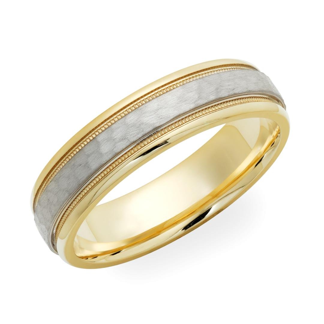 Hammered finish platinum and 18K yellow gold wedding band, 6mm wide with milgrain edges, comfort fitted, handcrafted in New York.
