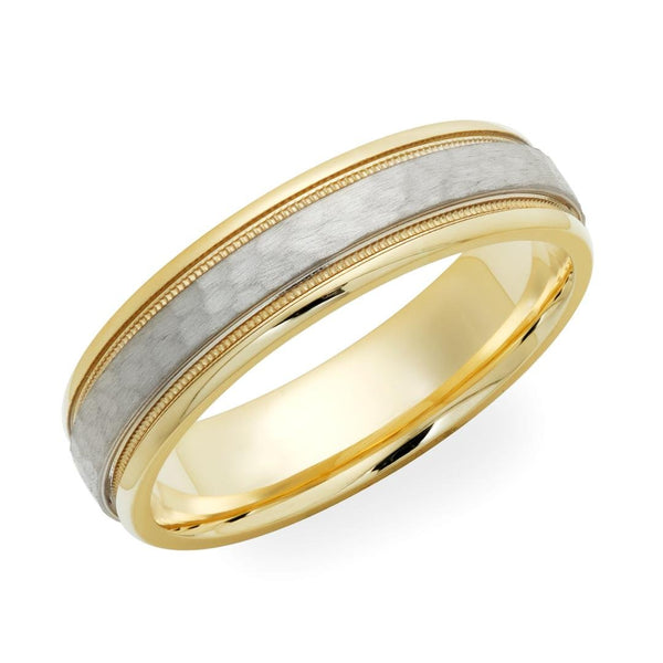 18K Yellow Gold and Platinum Hammered Finish Mens Wedding Bands