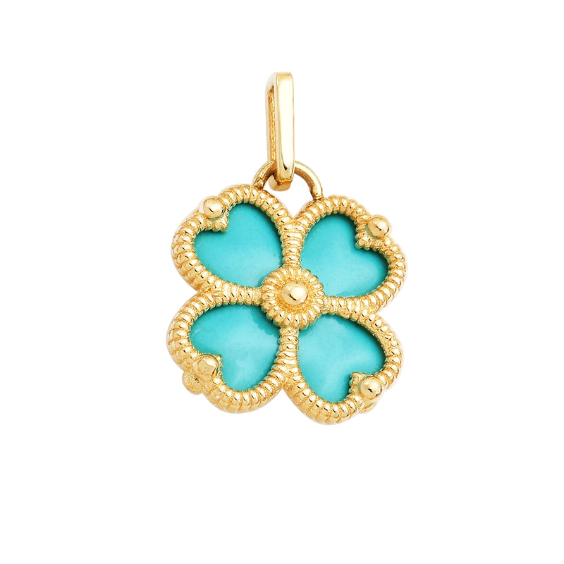 14K Yellow Gold Turquoise Four Leaf Clover Pendant or Necklace