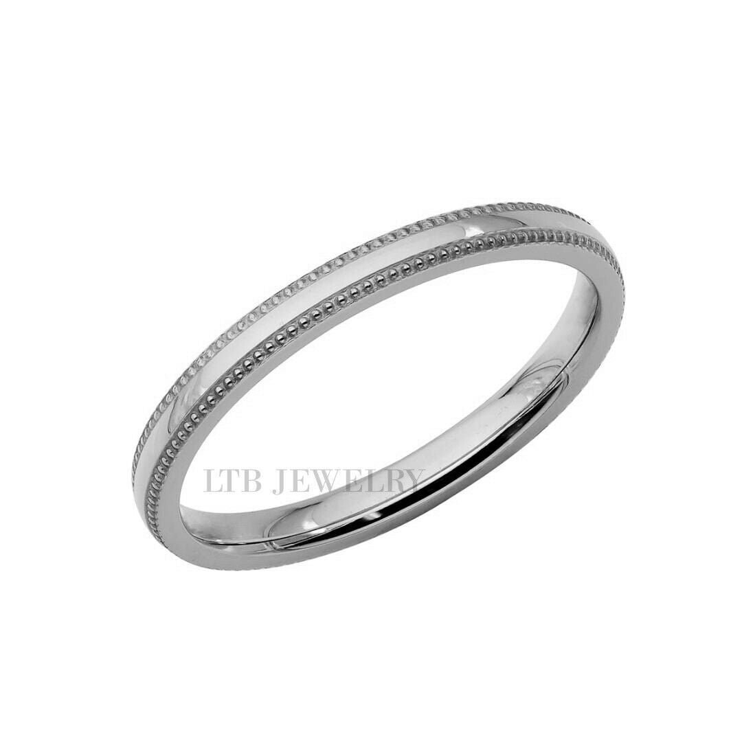 2mm 10K 14K 18K White Gold Dome Milgrain Wedding Band for mens and womens with shiny finish and comfort fit.