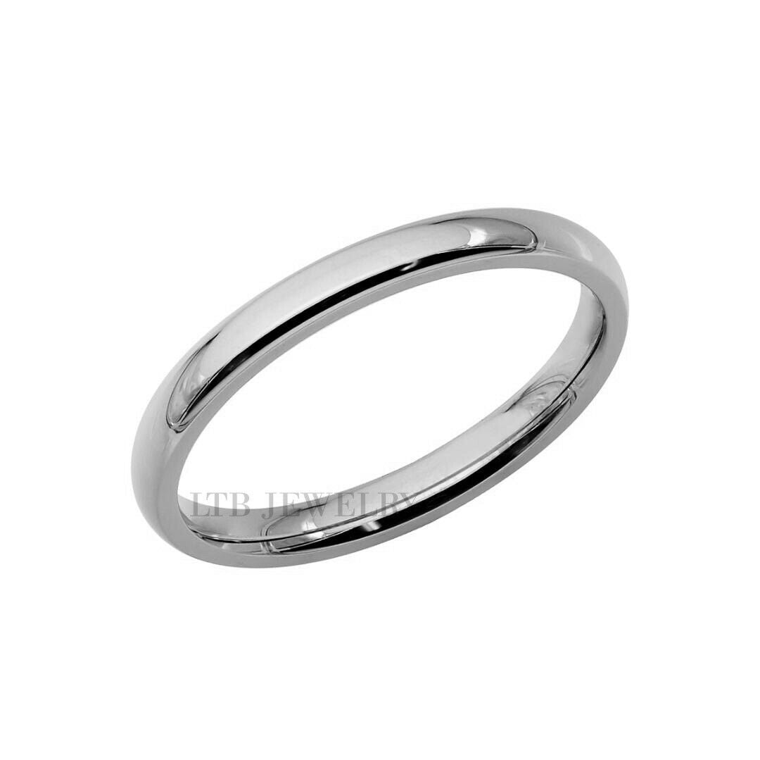 2mm 14K solid white gold plain dome wedding band with shiny finish, comfort fitted, unisex, manufactured in New York.