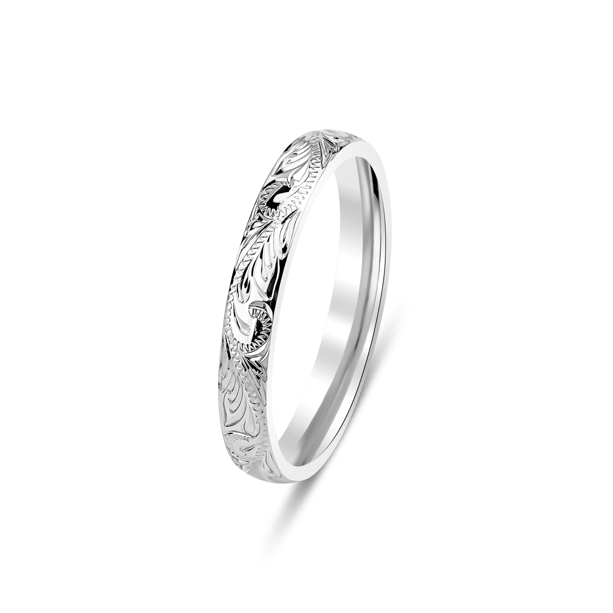 3mm white gold hand engraved wedding band with leaf motifs and shiny finish, comfort-fitted design, made in New York.