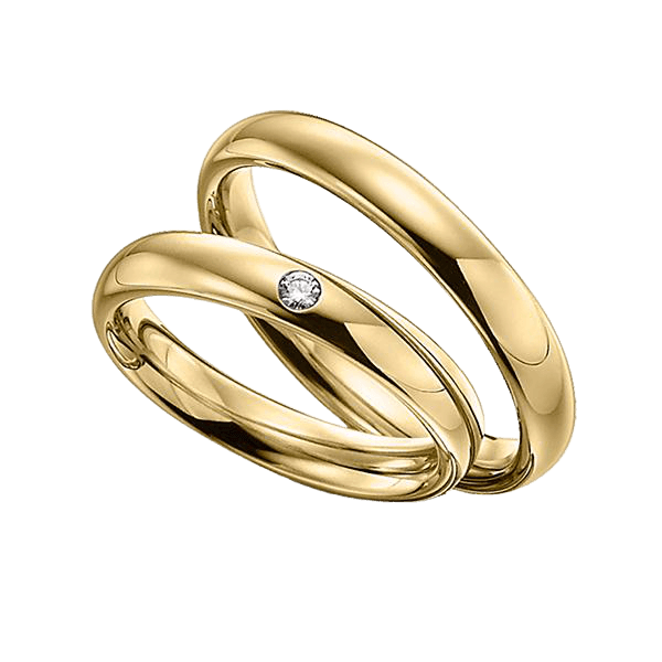 Classic 3mm yellow gold his and hers wedding bands with diamond, featuring shiny finish and comfort fit.