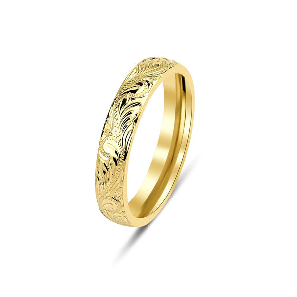 4mm 10K 14K 18K Yellow Gold Hand Engraved Wedding Bands