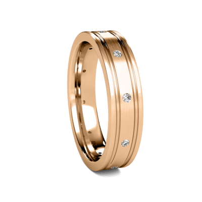 Elegant rose gold wedding band with three embedded diamonds and a brushed finish, perfect for men's and women's jewelry.