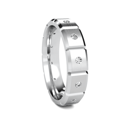 5mm platinum wedding band featuring 12 round diamonds, satin finish center, and shiny edges, comfort fitted design.