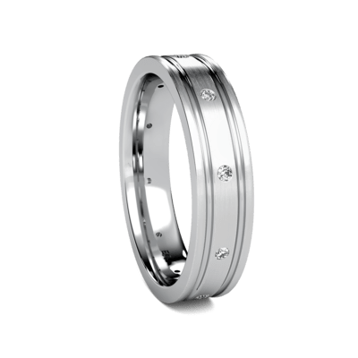 5mm platinum men's diamond wedding band with satin finish and shiny edges, featuring 10 round diamonds.