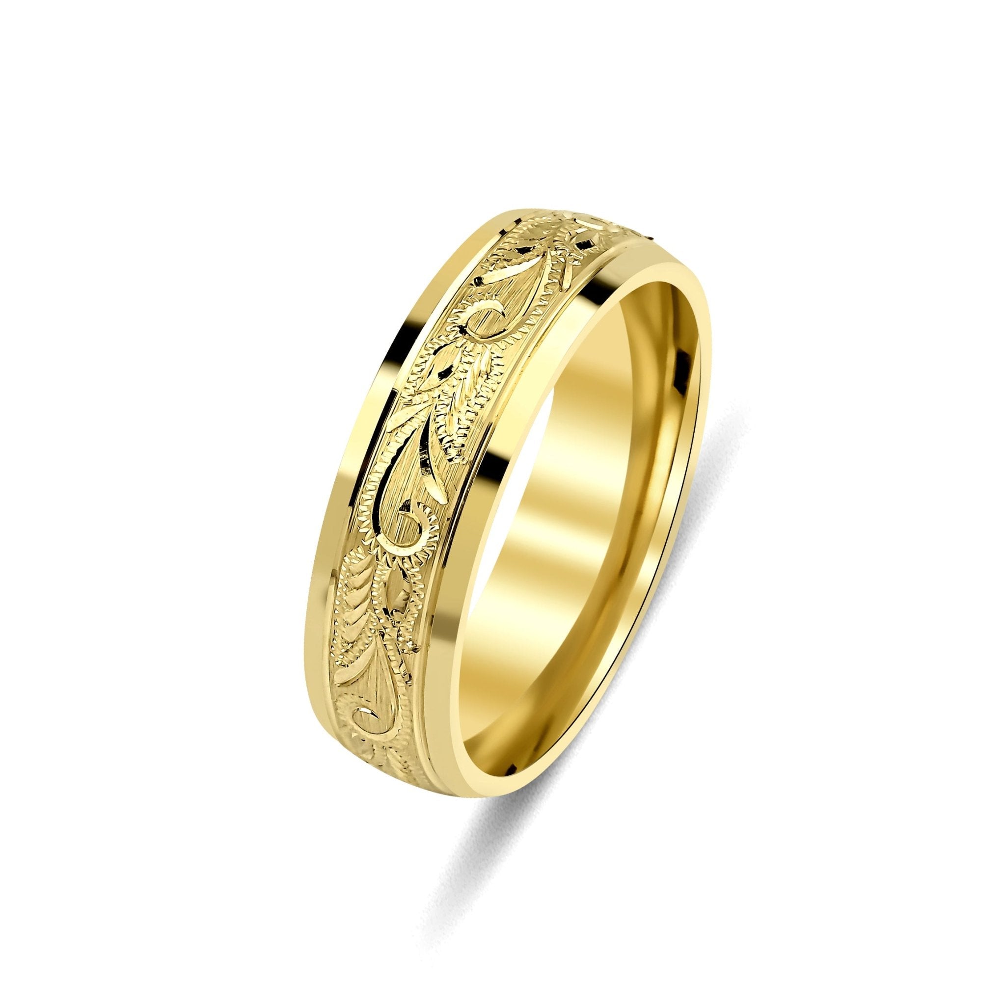 Solid yellow gold hand engraved wedding band, 6mm wide with shiny leaf motifs, crafted in New York, USA.