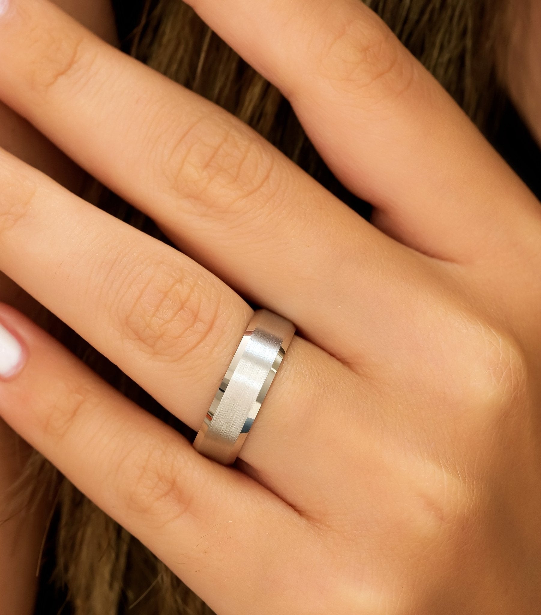 6mm white gold beveled edge men's wedding band with satin finish on center and shiny edges, comfort fitted.