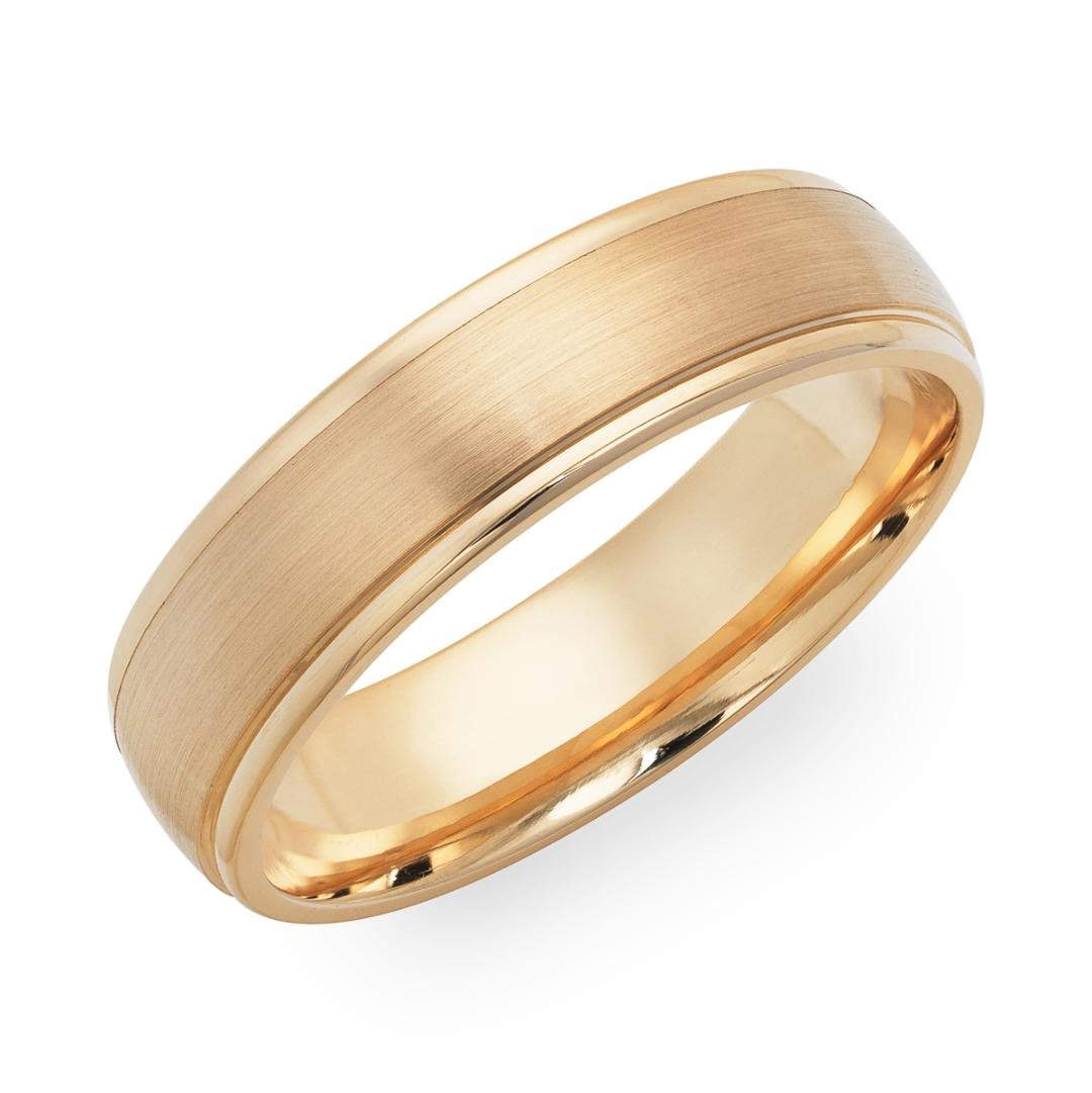 6mm yellow gold mens wedding band with satin finish and shiny edges, comfort fitted, available in 10K, 14K, 18K.