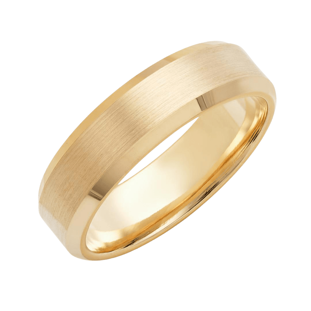 6mm yellow gold men's wedding band with satin finish center and shiny beveled edges, comfort fit design.