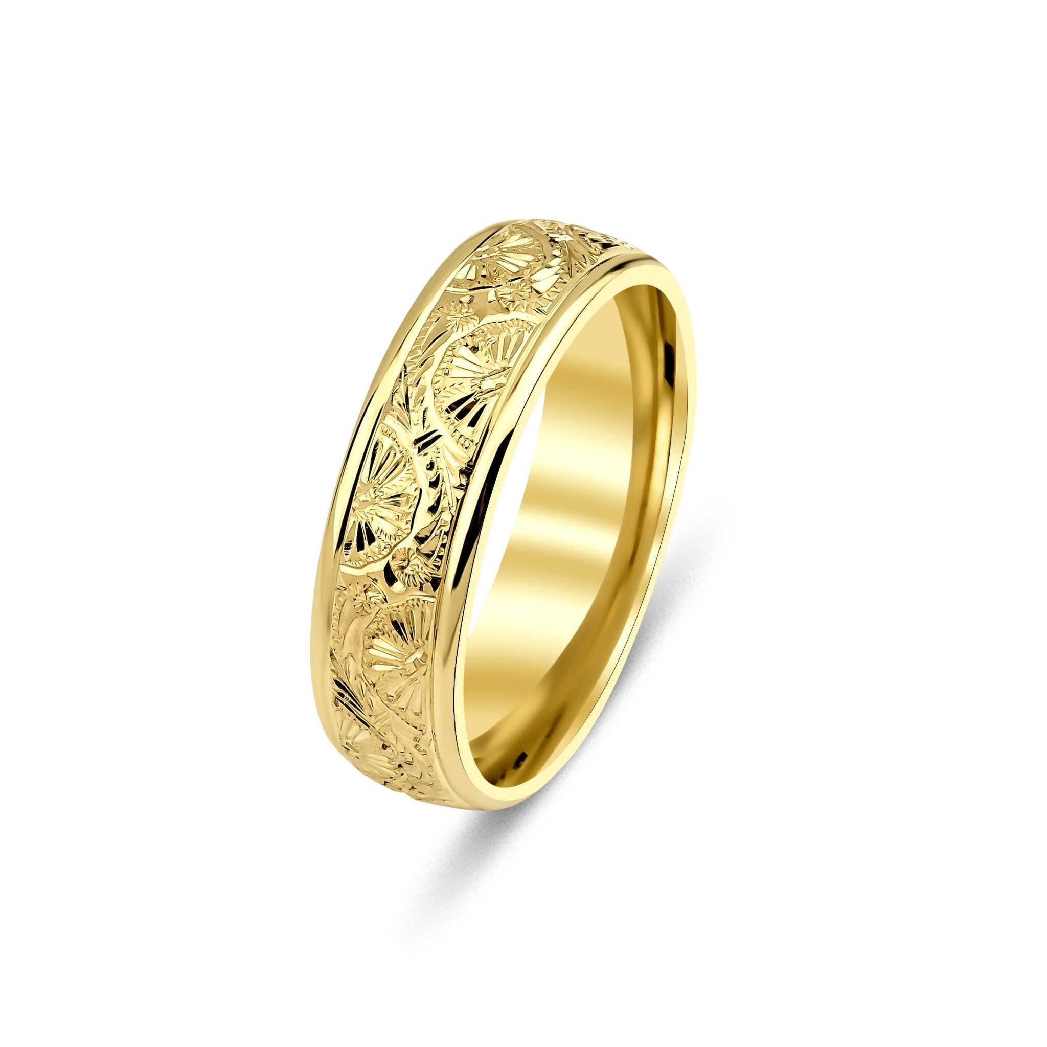 6mm hand engraved yellow gold wedding band with shiny leaf motifs, comfort fitted, available in 10K, 14K, 18K