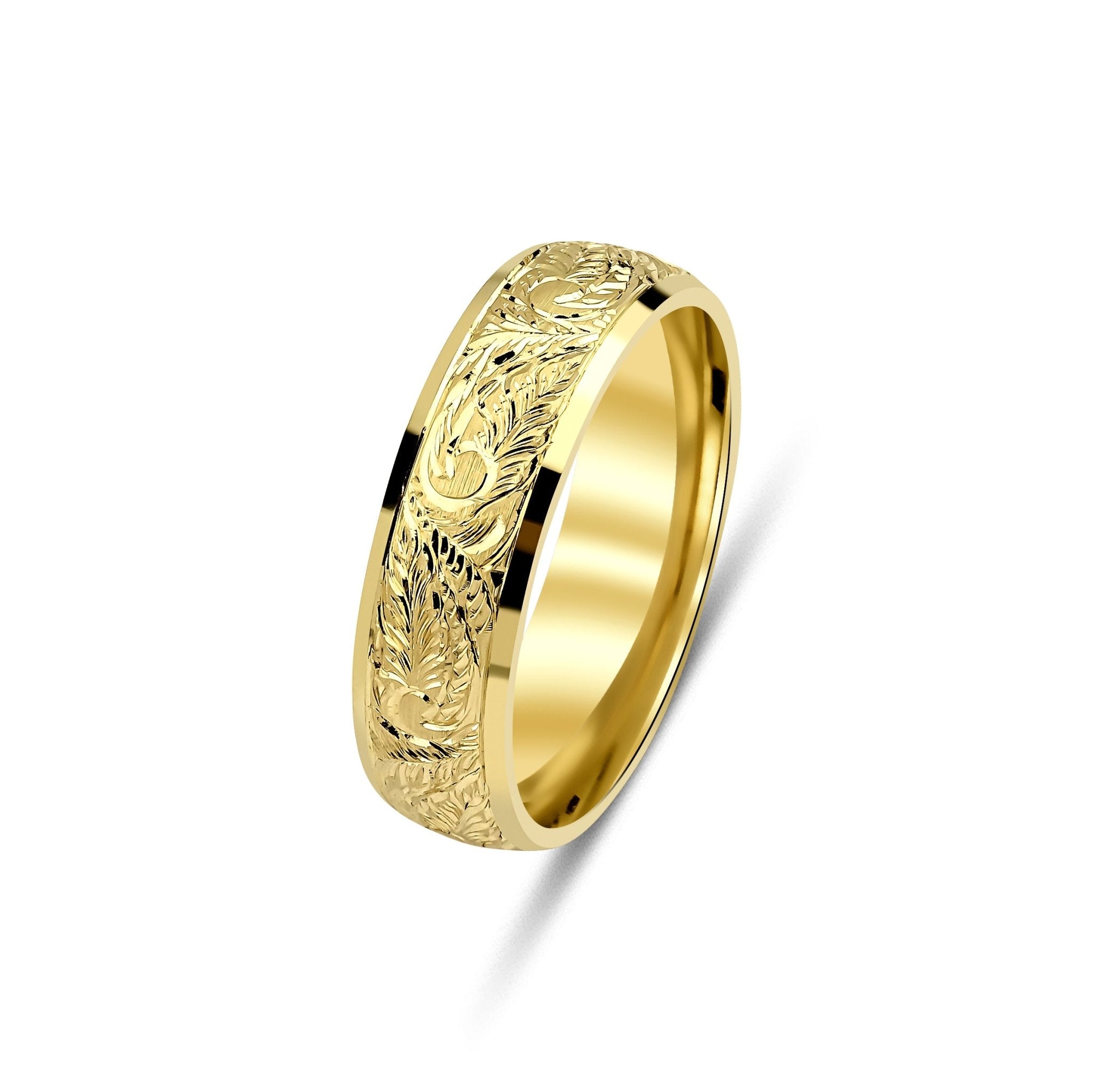 6mm yellow gold hand engraved wedding band with shiny leaf motifs, comfort fit, available in various metals and finishes.