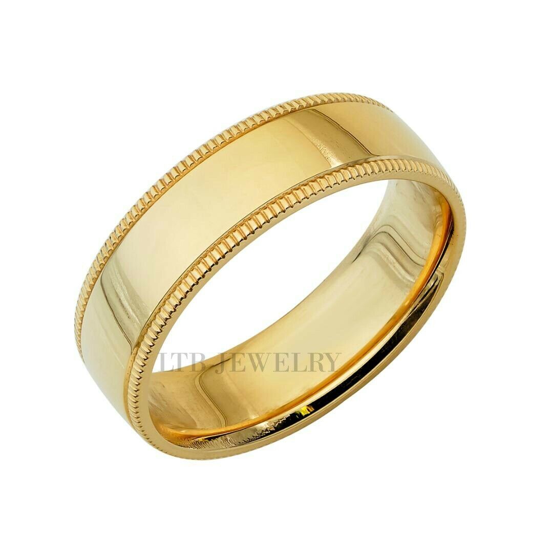 6mm 14K solid yellow gold milgrain dome wedding band with shiny finish comfort fit, crafted in New York, USA.