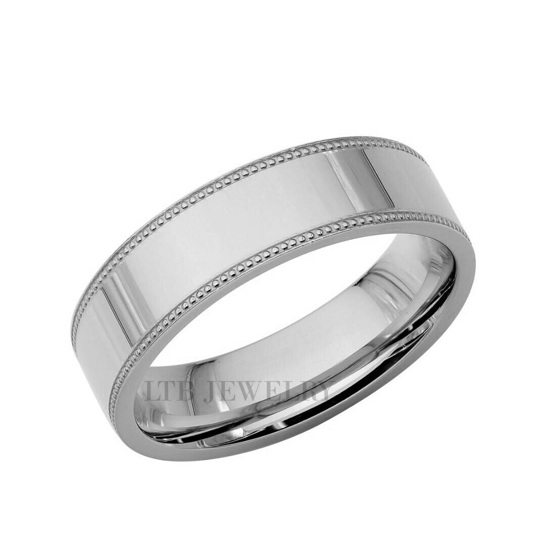 14K white gold flat milgrain wedding band, 6mm width, shiny finish, comfort fit, crafted in New York, available in various options.