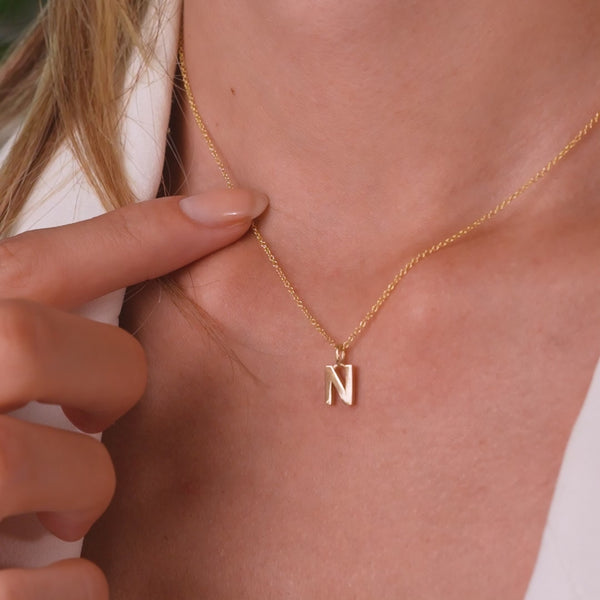 14K Solid Yellow Gold Initial Necklace, Letter N Necklace