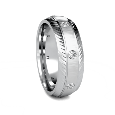 7mm yellow gold diamond wedding band with brushed and shiny finish, featuring 8 round brilliant cut diamonds.