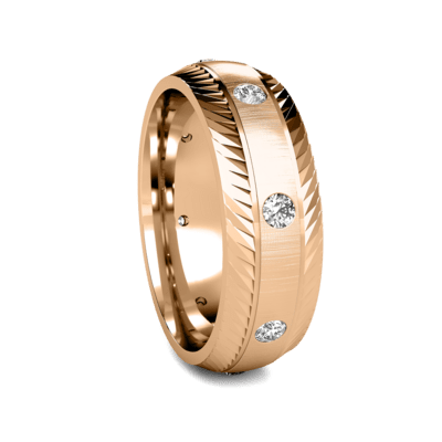 7mm 10K 14K 18K Yellow Gold Diamond Men's Wedding Band with brushed finish and round cut diamonds.
