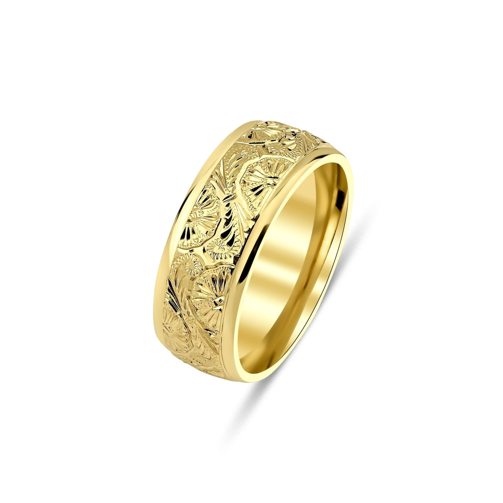 8mm 14K Yellow Gold Hand Engraved Mens Wedding Band with leaf motif and shiny finish, comfort fit design.