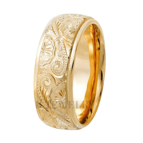 8mm 14K Yellow Gold Hand Engraved Mens Wedding Band with leaf motif and shiny finish, comfort fitted.