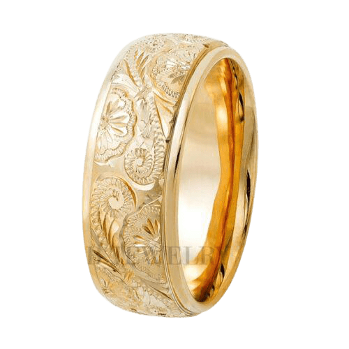 8mm 14K Yellow Gold Hand Engraved Mens Wedding Band