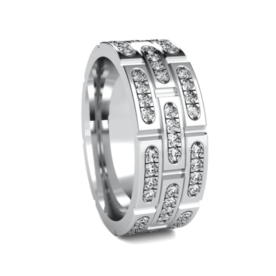Elegant 8mm handmade diamond wedding ring in white gold with shiny finish and 96 diamonds, totaling 1.50 carats.