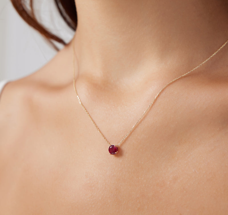 14K Solid Yellow Gold Solitaire Ruby Necklace, 6mm Prong Setting Ruby Necklace, Dainty Ruby Necklace, July Birthstone