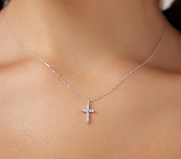 14K Solid White Gold Diamond Cross Necklace, Minimalist Cross Necklace, Dainty Cross Necklace ,Diamond Cross Necklace