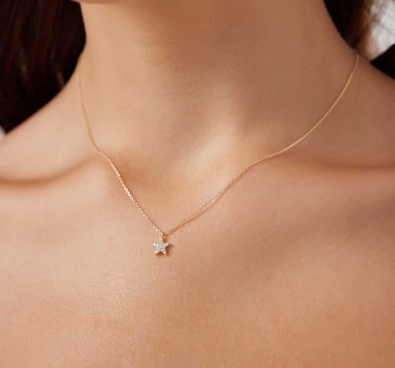 14K Solid Yellow Gold Diamond Star Necklace, Dainty Star Necklace, Minimalist Diamond Star Necklace ,Gifts for Her, Diamond Star Necklace