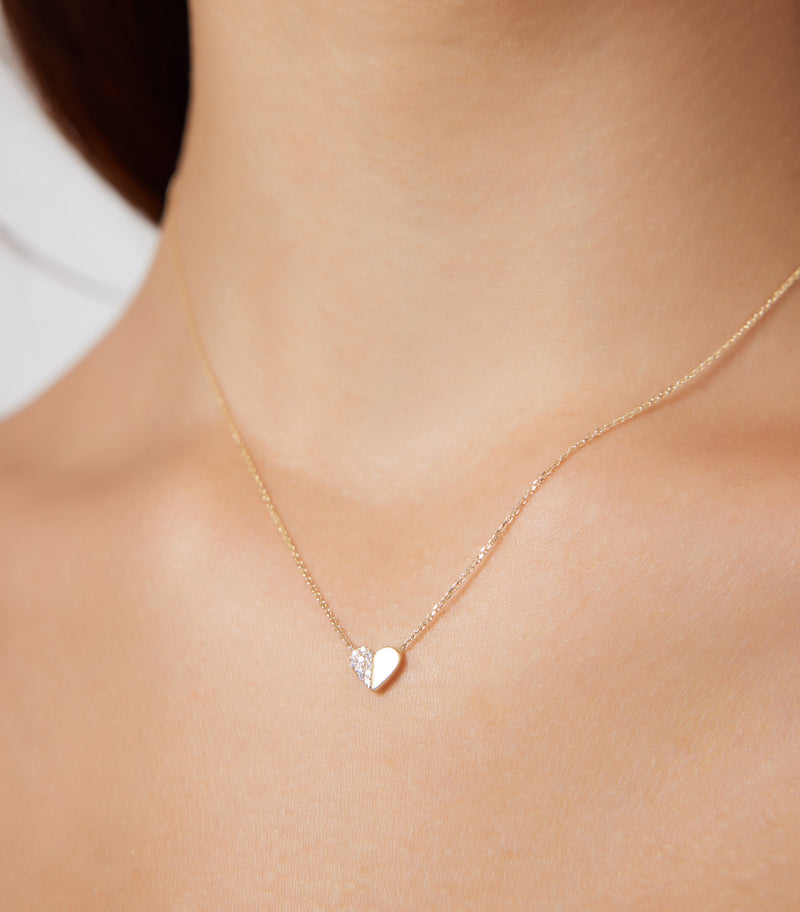 14K Solid Yellow Gold Diamond Heart Necklace , Diamond Heart Necklace ,Dainty Heart Necklace , Minimalist Diamond Heart Necklace