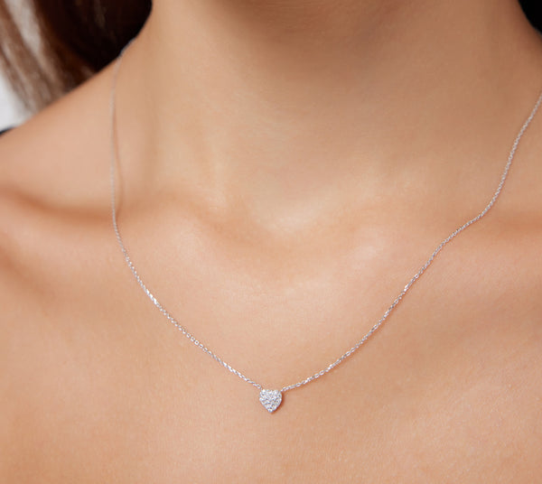 14K Solid White Gold Diamond Heart Necklace, Dainty Heart Necklace, Minimalist Diamond Heart Necklace, Diamond Necklace