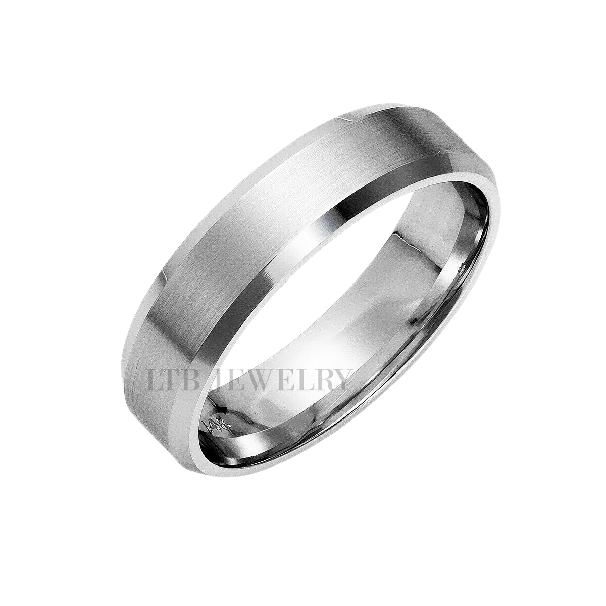 Elegant beveled edge men's wedding band in solid white gold, featuring satin finished center and shiny edges.