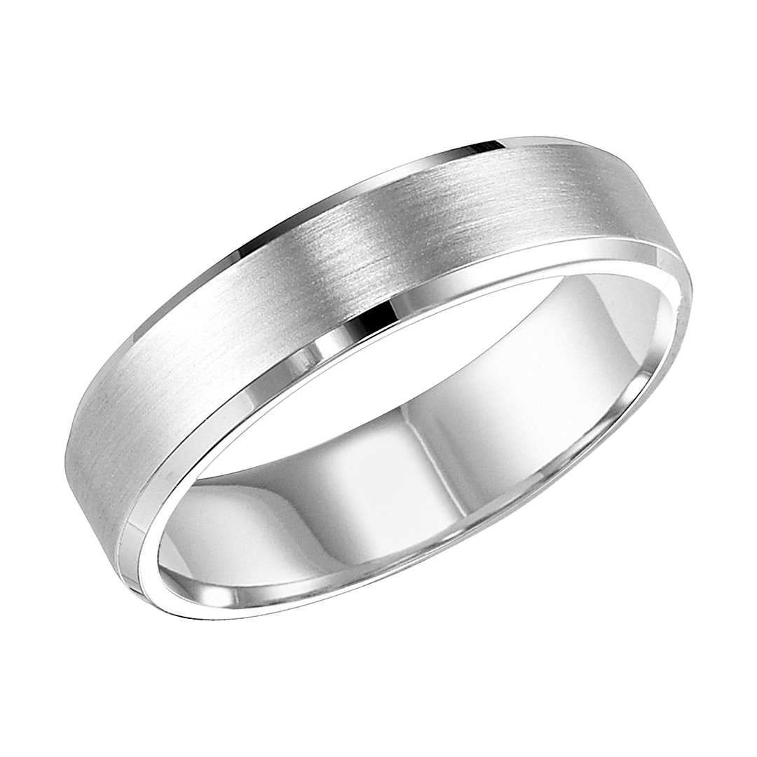 14K Solid White Gold Men's Wedding Band with Satin Finish and Shiny Beveled Edges, Comfort Fit Design.