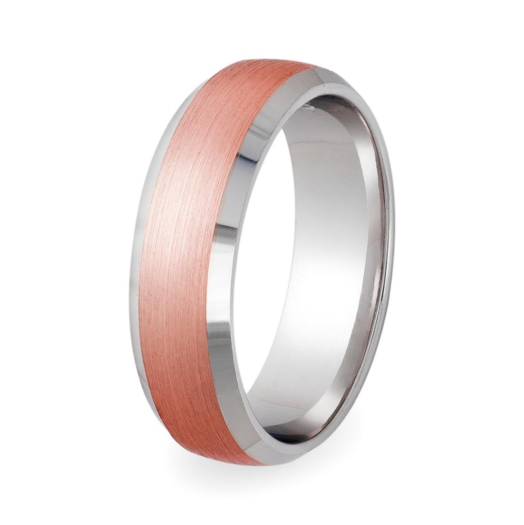 14K white and rose gold men's wedding band with beveled edge and satin finish, 7mm wide, comfort fitted, made in New York.
