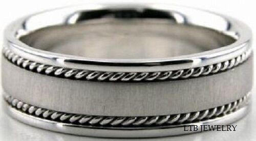 Brushed finish handmade mens wedding band in solid white gold with shiny braided edges, 7mm comfort fit ring.