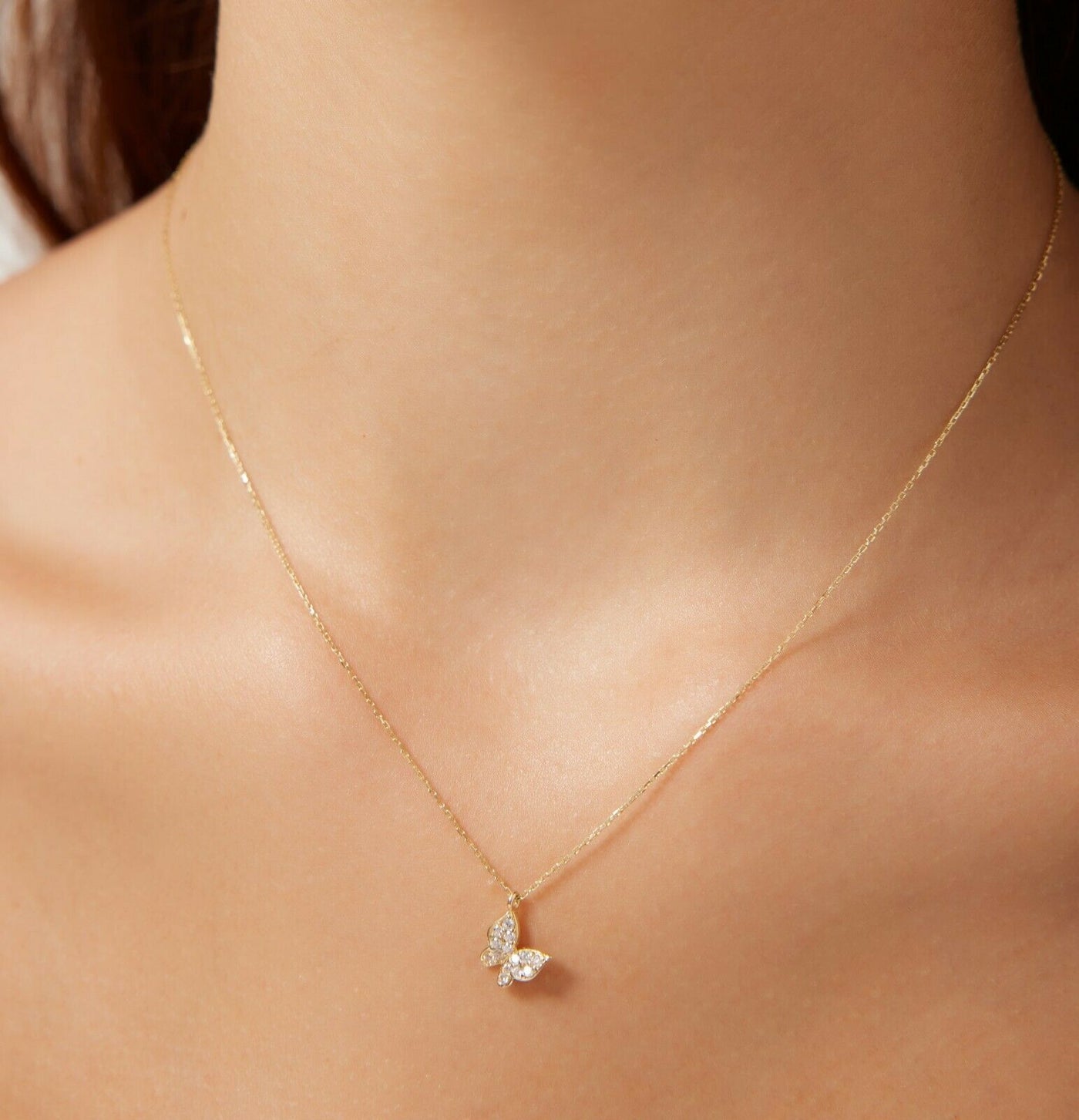 14K Solid Yellow Gold Diamond CZ Butterfly Necklace – LTB