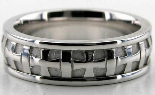 Elegant handmade men's wedding band in solid white gold with cross design, 6.5mm wide, shiny finish, comfort fit.
