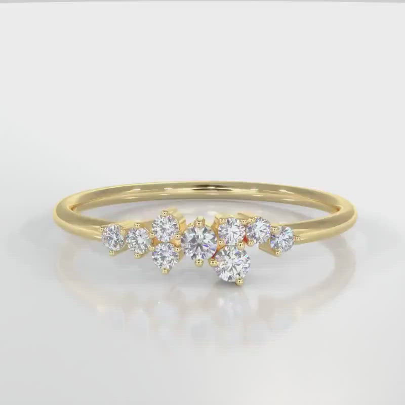 14K yellow gold minimalist cluster diamond ring with nine round diamonds, perfect for everyday wear.