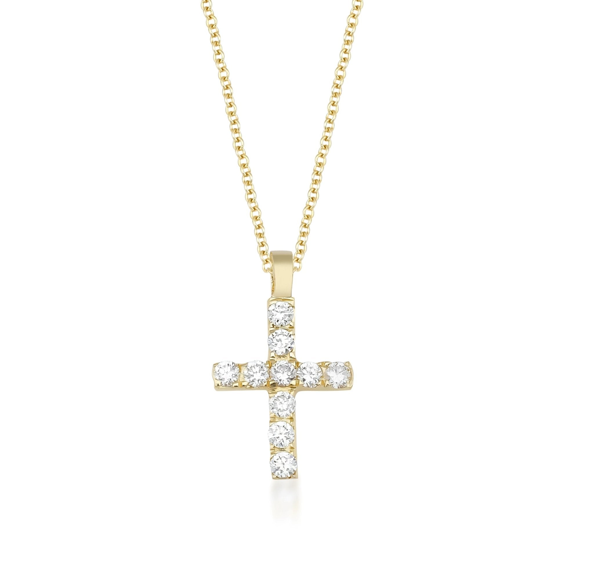 14K solid yellow gold minimalist cross necklace with sparkling diamonds, perfect for everyday wear.