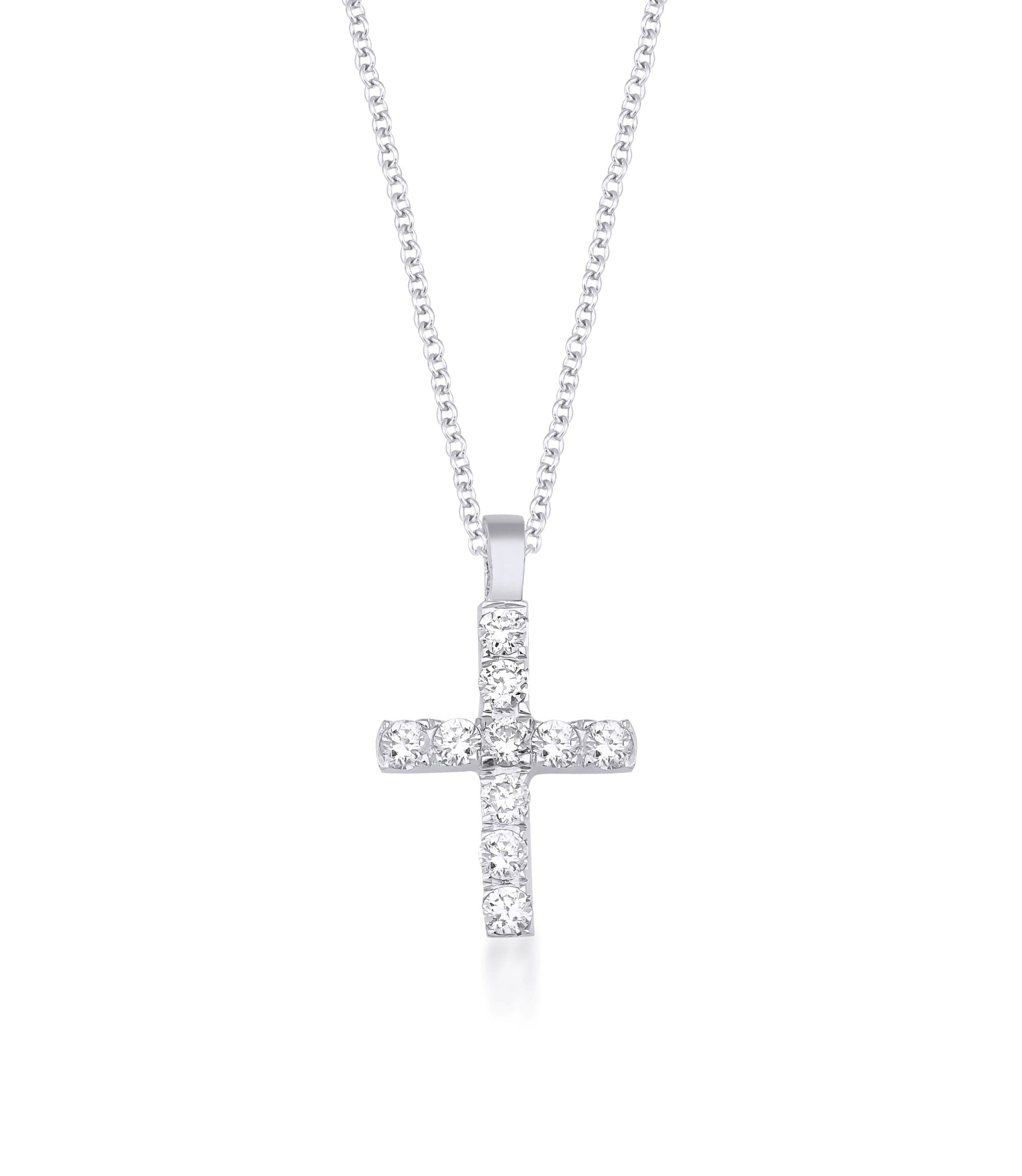 14K solid yellow gold minimalist diamond cross necklace, 16-inch chain, featuring 10 sparkling white diamonds, dainty style.