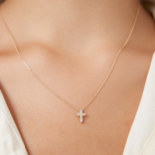14K Solid Yellow Gold Minimalist Diamond Cross Necklace LTB