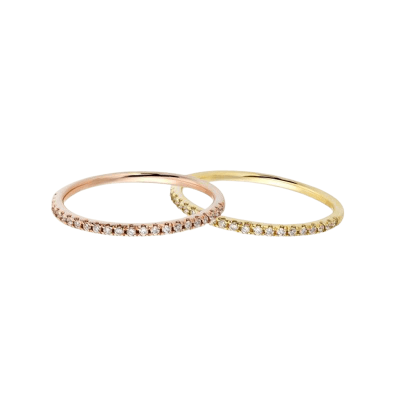 14K gold half eternity diamond wedding bands, ultra-thin pave setting, stackable rings showcasing shimmering diamonds.