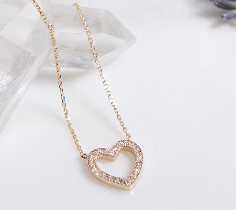 Diamond Heart Necklace , 14K Solid White Gold Dainty Diamond Heart Necklace