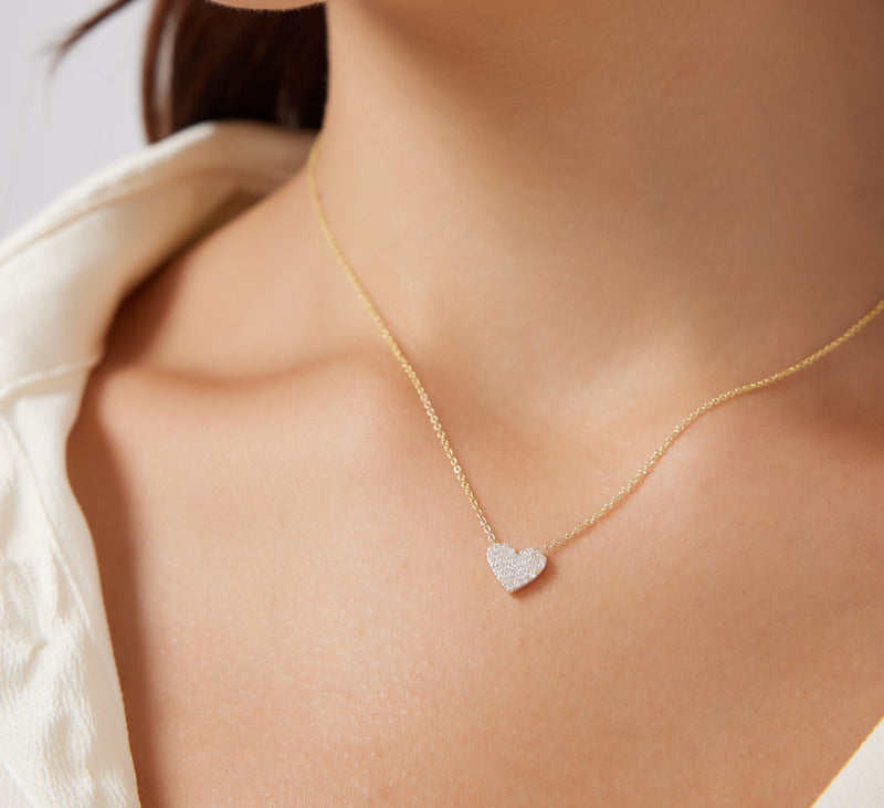 Diamond Heart Necklace, 14K Solid Yellow Gold Diamond Heart Necklace, Dainty Heart Necklace, Minimalist Diamond Heart Necklace