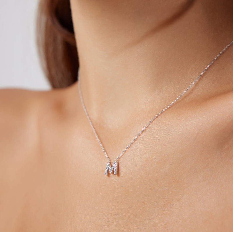Diamond Initial Necklace, 14K Solid White Gold Diamond Letter Necklace