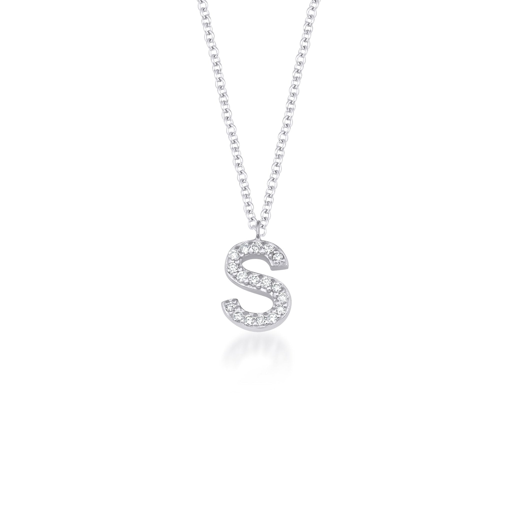 14K yellow gold initial necklace featuring diamond-studded letter S, perfect for personalized jewelry.